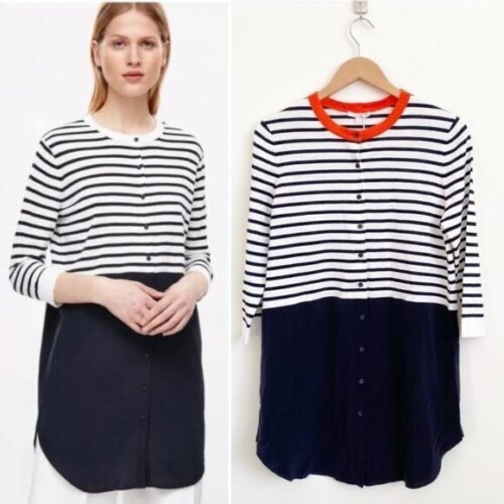 COS Black White Red Horizontal Striped Button Up Mini Silk Dress size US XS